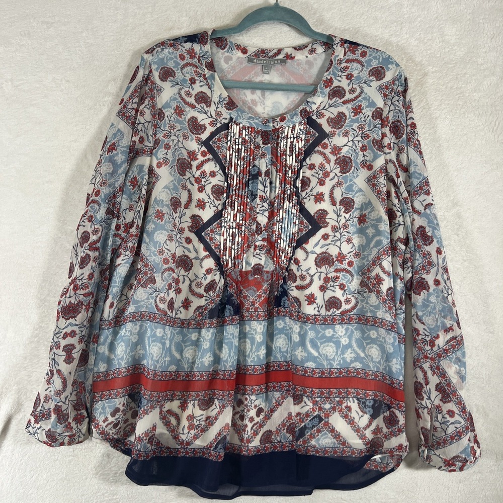 Daniel Rainn Paisley Floral Peasant Tunic Blouse XL Boho Coastal Resort Roll Tab